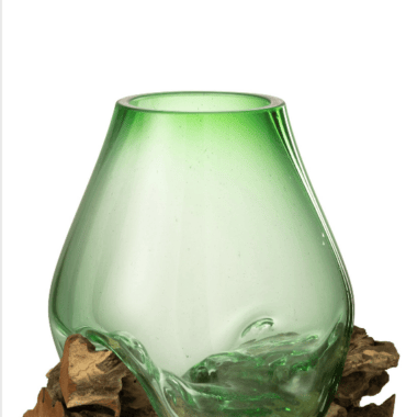 Vase verre sur pied en bois.
