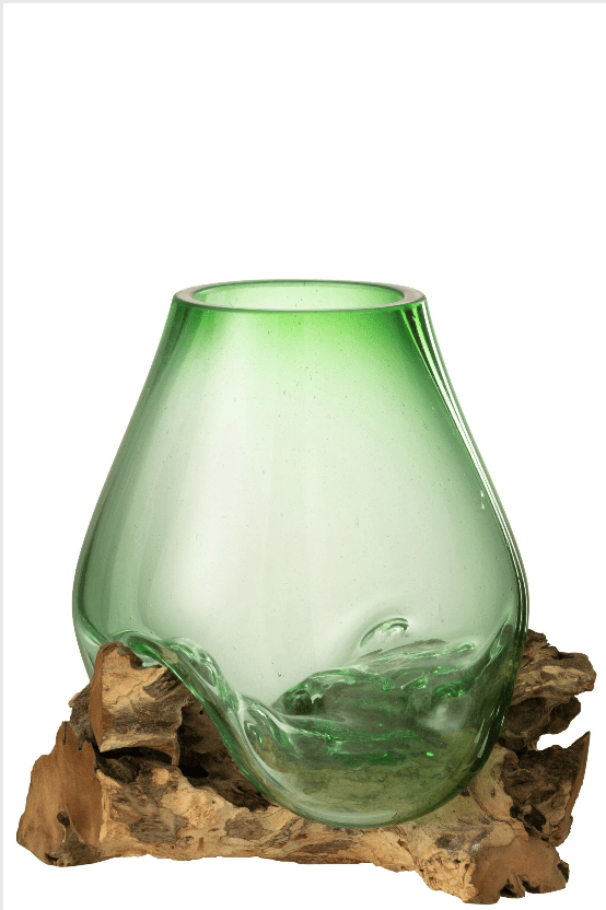 Vase verre sur pied en bois.